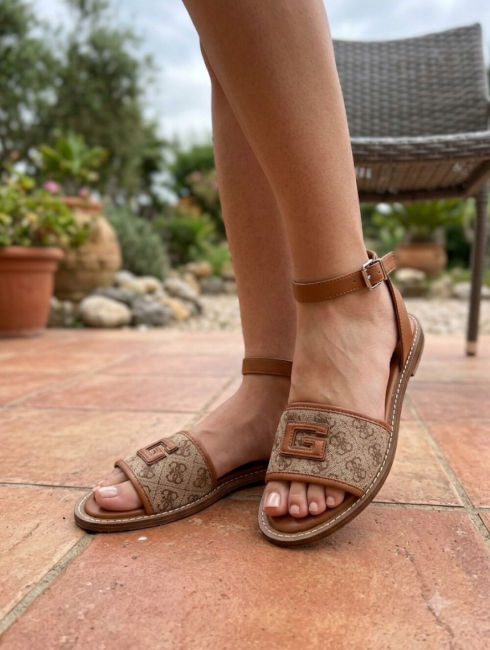 Guess Tan Ankle-Strap Sandals Shoe with Logo Toe Band